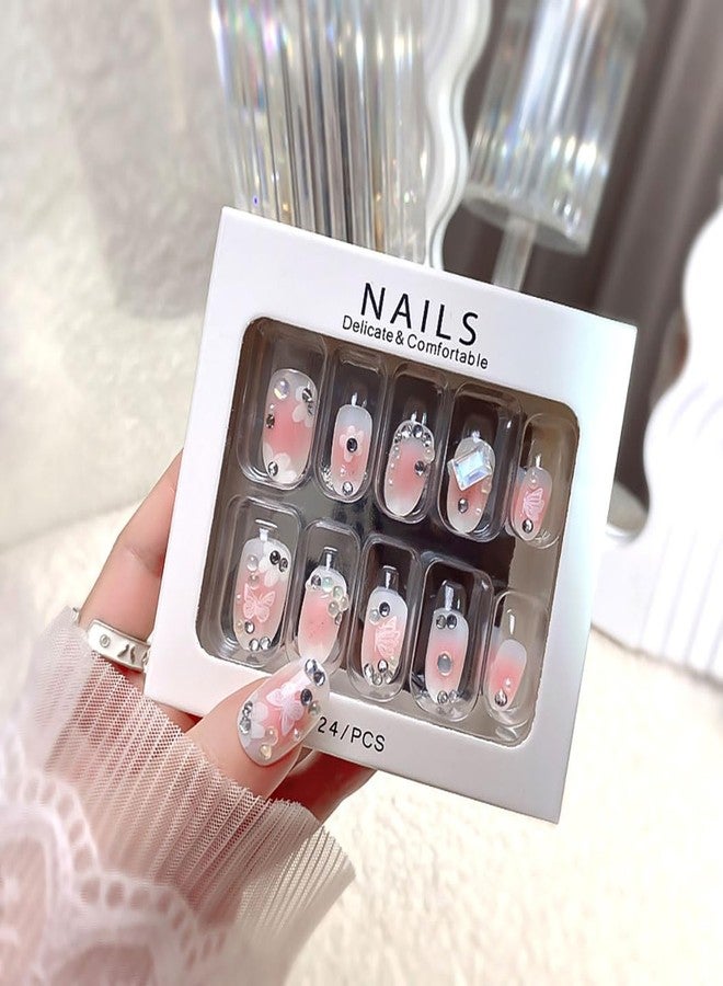 RikView Almond Press on Nails Short Fake Nails Pink Nails with 3D Rhinestones Glossy Full Cover Nails for Women 24 PCs/Set - Image 3